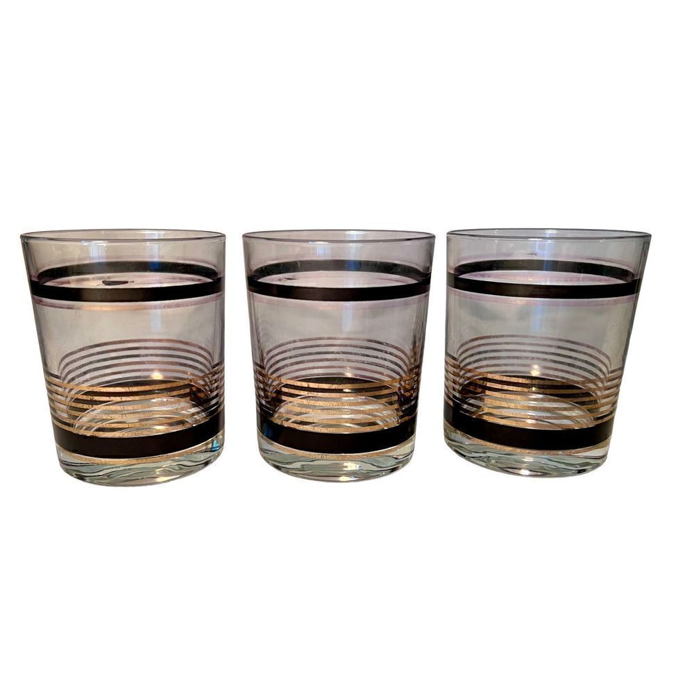 VTG SET 3 MCM Black & Gold Stripe STRIPED Low Ball Rocks Bar Glasses Whiskey
